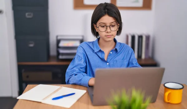 Adorable Hispanic Girl Business Worker Using Laptop Working Office — Stock Photo, Image
