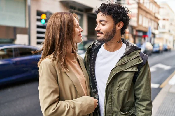 Man Woman Smiling Confident Hugging Each Other Street — Stockfoto
