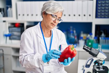 Middle age woman wearing scientist uniform analysing pepper at laboratory