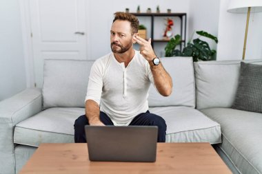 Middle age man using laptop at home shooting and killing oneself pointing hand and fingers to head like gun, suicide gesture. 