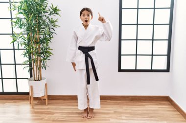 Karate kimonosu giyen genç İspanyol kız ve siyah kuşak başarılı bir fikirle işaret ediyor. Heyecanlı ve mutlu. Bir numara.. 