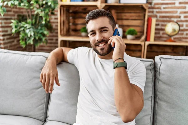 Young Hispanic Man Smiling Confident Talking Smartphone Home — Fotografia de Stock