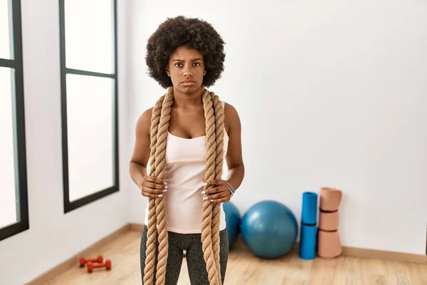 Young African American Woman Afro Hair Gym Training Battle Ropes — Stock Photo, Image