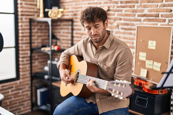 Young Man Musician Playing Classical Guitar Music Studio — Photo