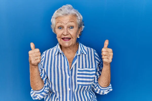 白发苍苍的老妇人站在蓝色背景的成功标志上 用手做着积极的手势 竖起大拇指 微笑着 快乐地微笑着 快乐的表达和胜利的姿态 — 图库照片