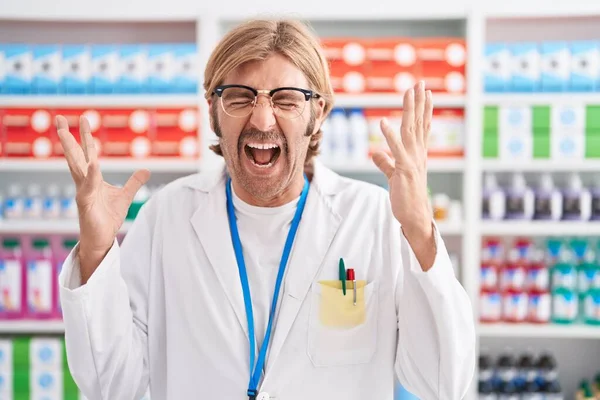 Caucasian Man Mustache Working Pharmacy Drugstore Celebrating Mad Crazy Success — Stock Photo, Image