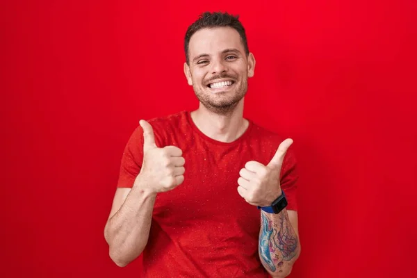 Young Hispanic Man Standing Red Background Success Sign Doing Positive — Stock Photo, Image