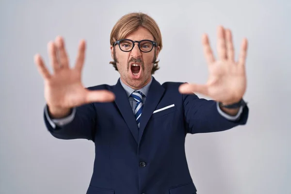 Caucasian Man Mustache Wearing Business Clothes Doing Stop Gesture Hands — Stock Photo, Image