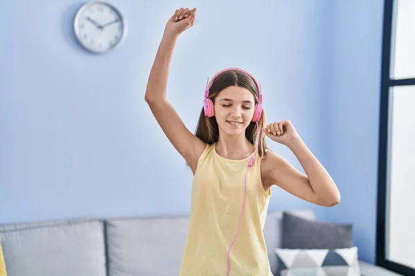 Adorable Girl Listening Music Dancing Home — Foto Stock