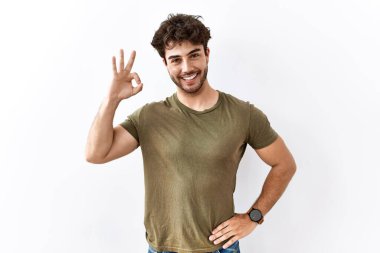 Hispanic man standing over isolated white background smiling positive doing ok sign with hand and fingers. successful expression. 