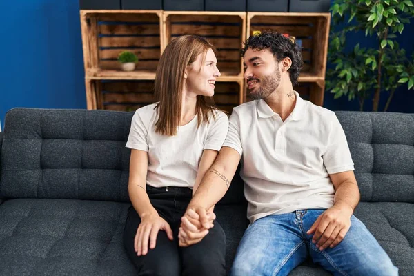 Man Woman Smiling Confident Hands Together Home — Stockfoto