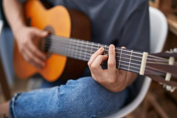 Young Caucasian Man Playing Classical Guitar Home — Stock Fotó