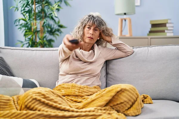 Middle Age Woman Watching Movie Sitting Sofa Home — Foto de Stock