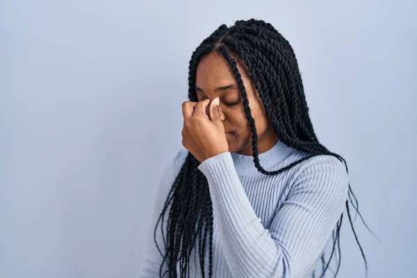 African American Woman Standing Blue Background Tired Rubbing Nose Eyes — Stockfoto
