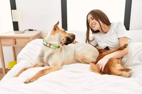 Young Hispanic Woman Playing Dogs Lying Bed Bedroom — Fotografia de Stock