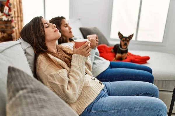Zwei Frauen Trinken Entspannt Kaffee Und Sitzen Mit Hund Bei — Stockfoto