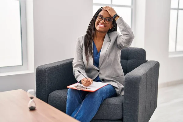 Young African American Braids Working Consultation Office Smiling Confident Touching —  Fotos de Stock