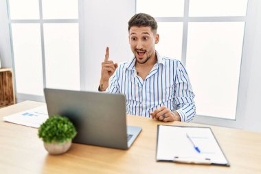 Ofiste çalışan sakallı yakışıklı genç adam bilgisayarla başarılı bir fikri işaret ediyor. Heyecanlı ve mutlu. Bir numara.. 