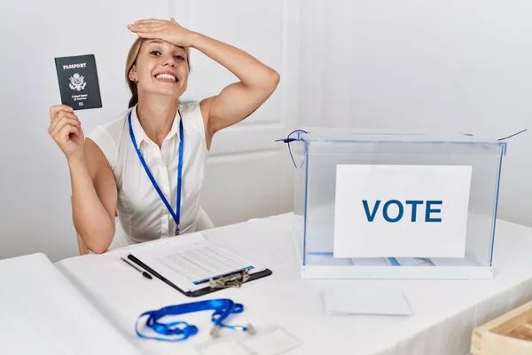 Young Blonde Woman Political Campaign Election Holding Usa Passport Stressed — Stock Photo, Image