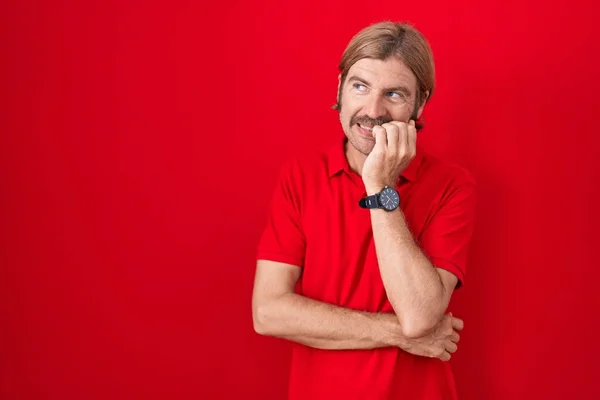 Caucasian Man Mustache Standing Red Background Looking Stressed Nervous Hands — Stock Photo, Image
