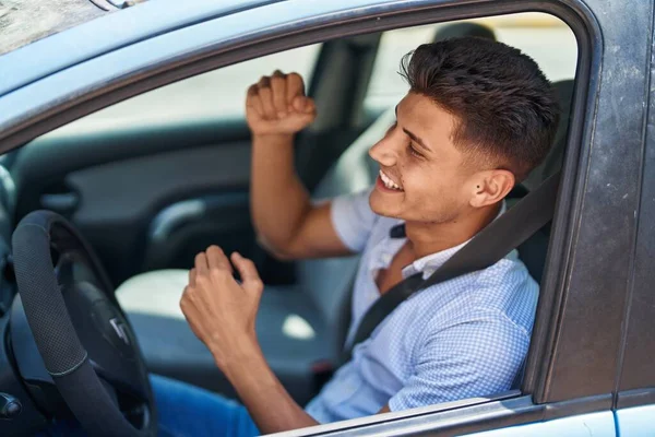 Young Hispanic Man Smiling Confident Driving Car Street — Stockfoto