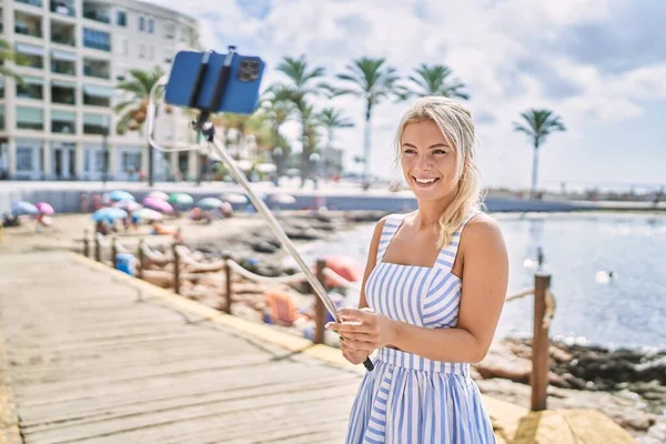 Young Blonde Girl Smiling Happy Making Selfie Smartphone Beach — Stock Photo, Image