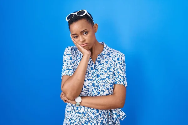 African American Woman Standing Blue Background Thinking Looking Tired Bored — стоковое фото