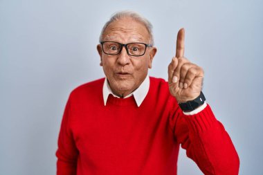 Senior man with grey hair standing over isolated background showing and pointing up with finger number one while smiling confident and happy. 