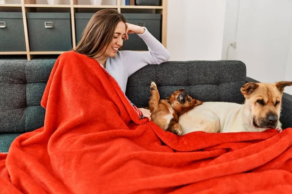 Young Hispanic Woman Covering Blanket Sitting Sofa Dogs Home — Stockfoto