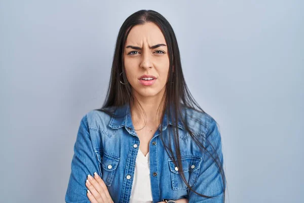 Hispanic Woman Standing Blue Background Skeptic Nervous Disapproving Expression Face — Stock Photo, Image