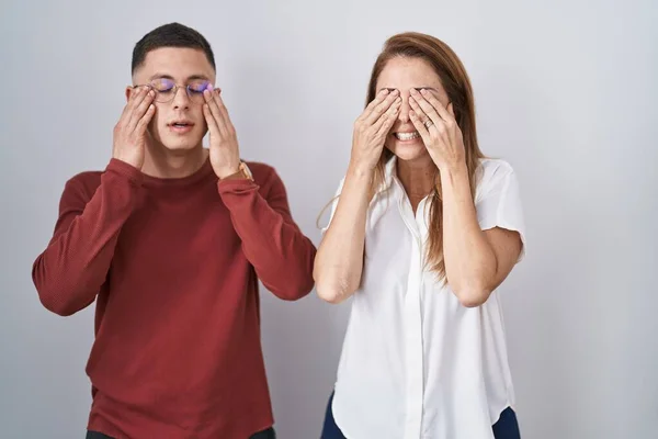 Mother Son Standing Together Isolated Background Rubbing Eyes Fatigue Headache — Stock Photo, Image