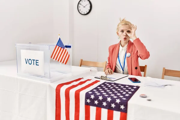 Beautiful Caucasian Woman Working Political Campaign Doing Gesture Shocked Surprised — Stock Photo, Image