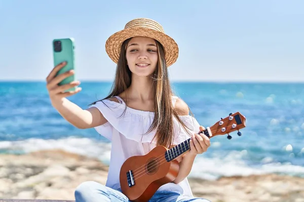 Adorable Girl Tourist Make Selfie Smartphone Playing Ukulele Seaside — Zdjęcie stockowe