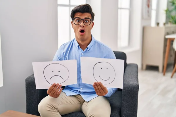 Hispanic Man Working Depression Holding Sad Happy Emotion Paper Afraid — Stock Photo, Image