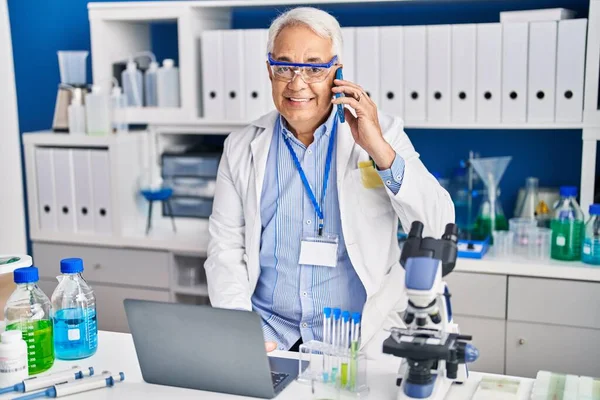Senior Man Scientist Using Laptop Talking Smartphone Laboratory — Stock Photo, Image