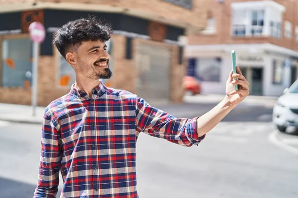 Young Hispanic Man Smiling Confident Making Selfie Smartphone Street — 스톡 사진