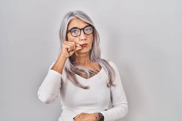 Middle Age Woman Grey Hair Standing White Background Mouth Lips — Stock Photo, Image