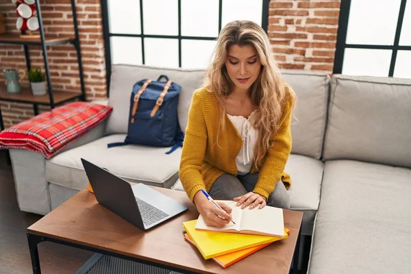 Young Blonde Woman Smiling Confident Studying Using Laptop Home — Stock Photo, Image