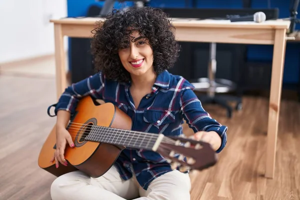 Young Middle East Woman Musician Playing Classical Guitar Music Studio — Zdjęcie stockowe