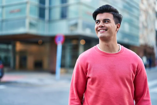 Young Hispanic Man Smiling Confident Looking Side Street — Stock Fotó
