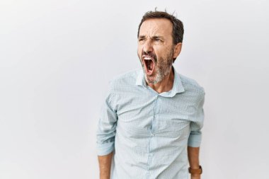Orta yaşlı, sakallı, öfkeli ve öfkeli bir şekilde bağıran öfkeli bir adam. Öfkeyle bağırıyor. öfke ve agresif konsept. 