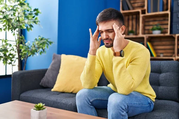 Young Hispanic Man Stressed Sitting Sofa Home — Photo