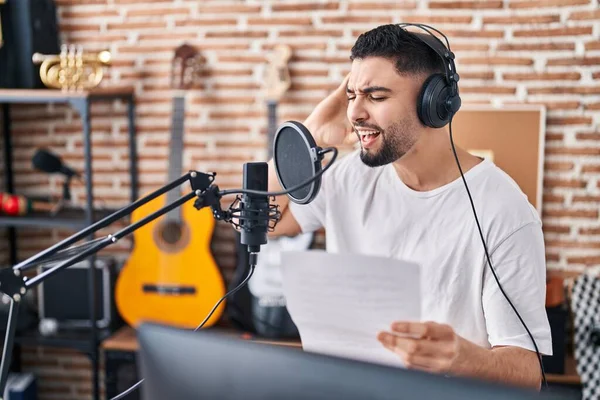 Young Arab Man Artist Singing Song Music Studio — Stock Photo, Image