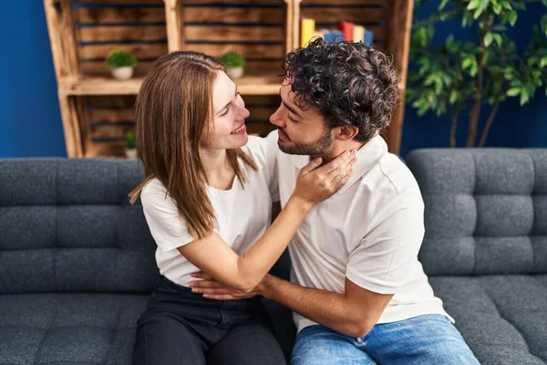 Man Woman Smiling Confident Hugging Each Other Home — Stockfoto