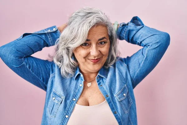 Middle Age Woman Grey Hair Standing Pink Background Relaxing Stretching — Stock Photo, Image