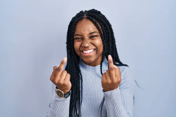 African American Woman Standing Blue Background Showing Middle Finger Doing —  Fotos de Stock