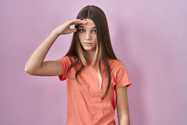 Teenager Girl Standing Pink Background Worried Stressed Problem Hand Forehead — Stock Photo, Image