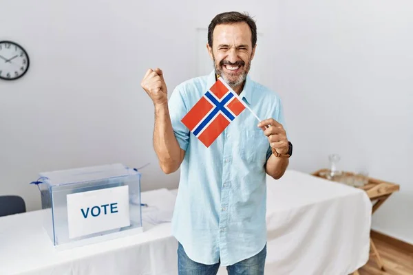 政治運動の選挙で髭を生やした中年男性が誇りを持って叫んでノルウェーの旗を保持し 勝利と成功を祝う非常に腕を上げ興奮して — ストック写真