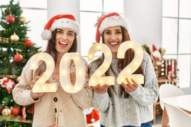 İki kadın yeni yılı kutluyor. 2022 ışık tutuyor. Yılbaşı ağacı evde duruyor.