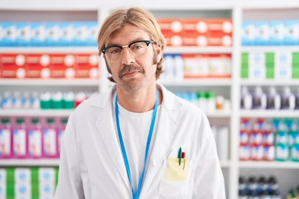 Caucasian Man Mustache Working Pharmacy Drugstore Relaxed Serious Expression Face — Stock Photo, Image